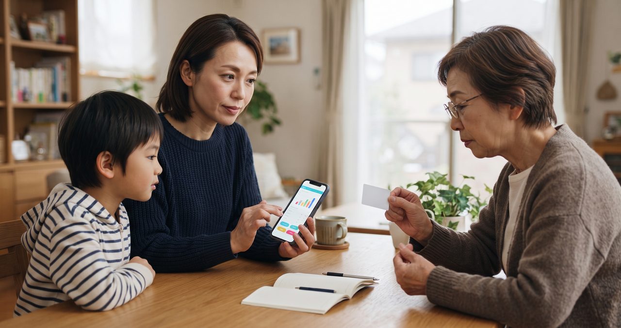 母親が子どもとシニアの祖母を前にスマートフォンの画面を見せながら説明し、祖母がキャッシュカードのようなカードを手にしている様子