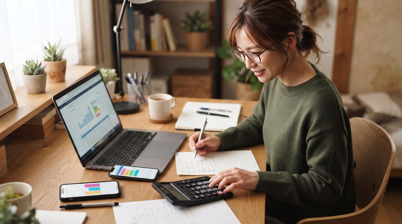 デスクでノートパソコンとスマートフォン2台を並べ、電卓を使いながら料金プランを比較検討している女性