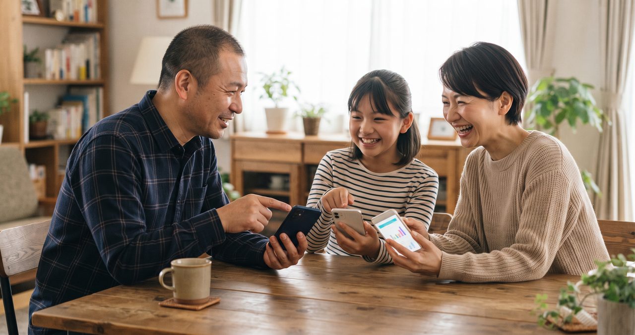 リビングのテーブルを囲み、父・娘・母がそれぞれ自分のスマートフォン画面を見せ合いながら笑顔で会話している様子、家族で複数回線をまとめて使うイメージ