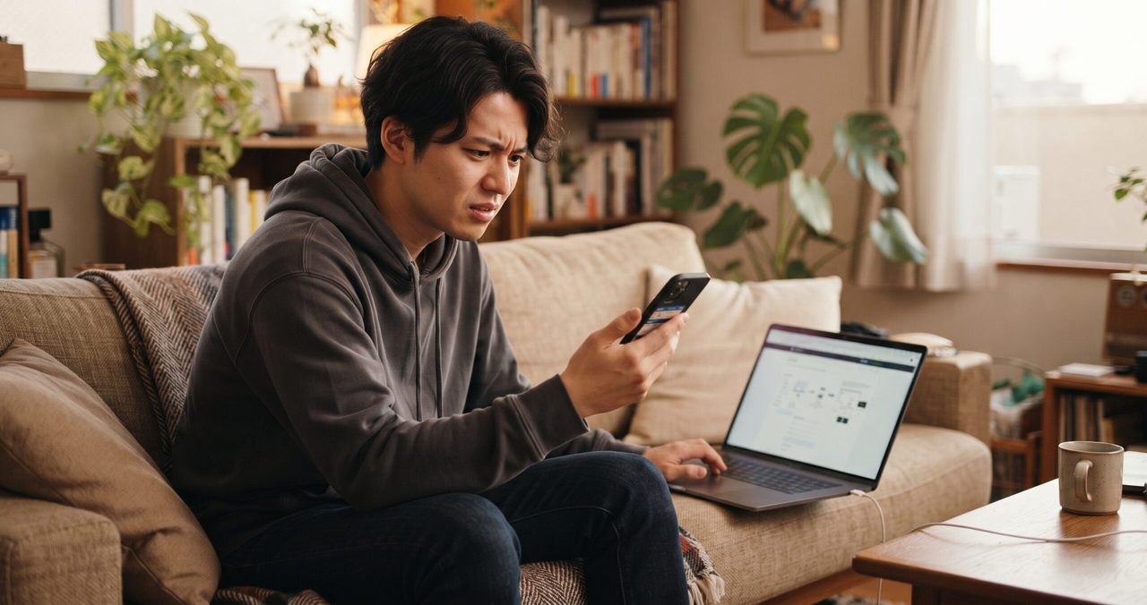 スマホの設定を確認しながら困っている様子