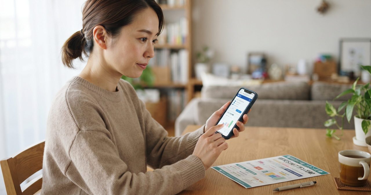 スマートフォンの契約内容画面を確認しながら、最低利用期間や違約金の条件をチェックしている手元