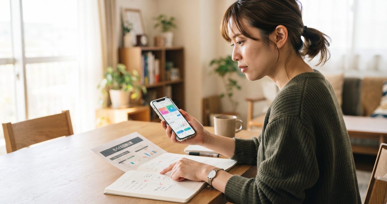 スマートフォンを片手に、チェックリストを見ながら候補となる格安SIMプランを比較検討している様子