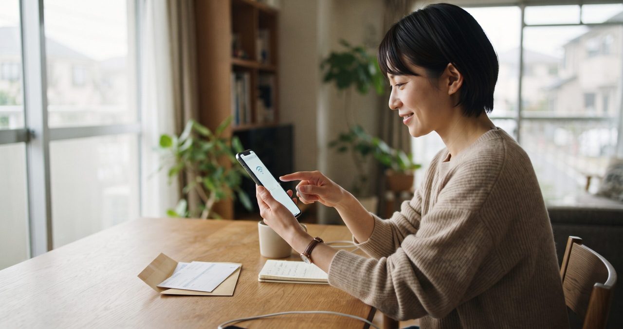 スマートフォンの画面で電話・データ通信・SMSがそれぞれ正常に動作するか順番にチェックしている様子