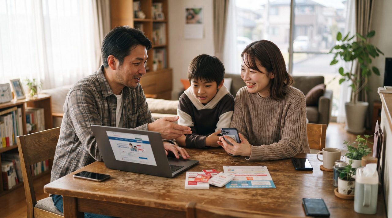 家族でそれぞれのスマートフォンを見せ合いながら、複数回線の申し込み画面を確認している様子
