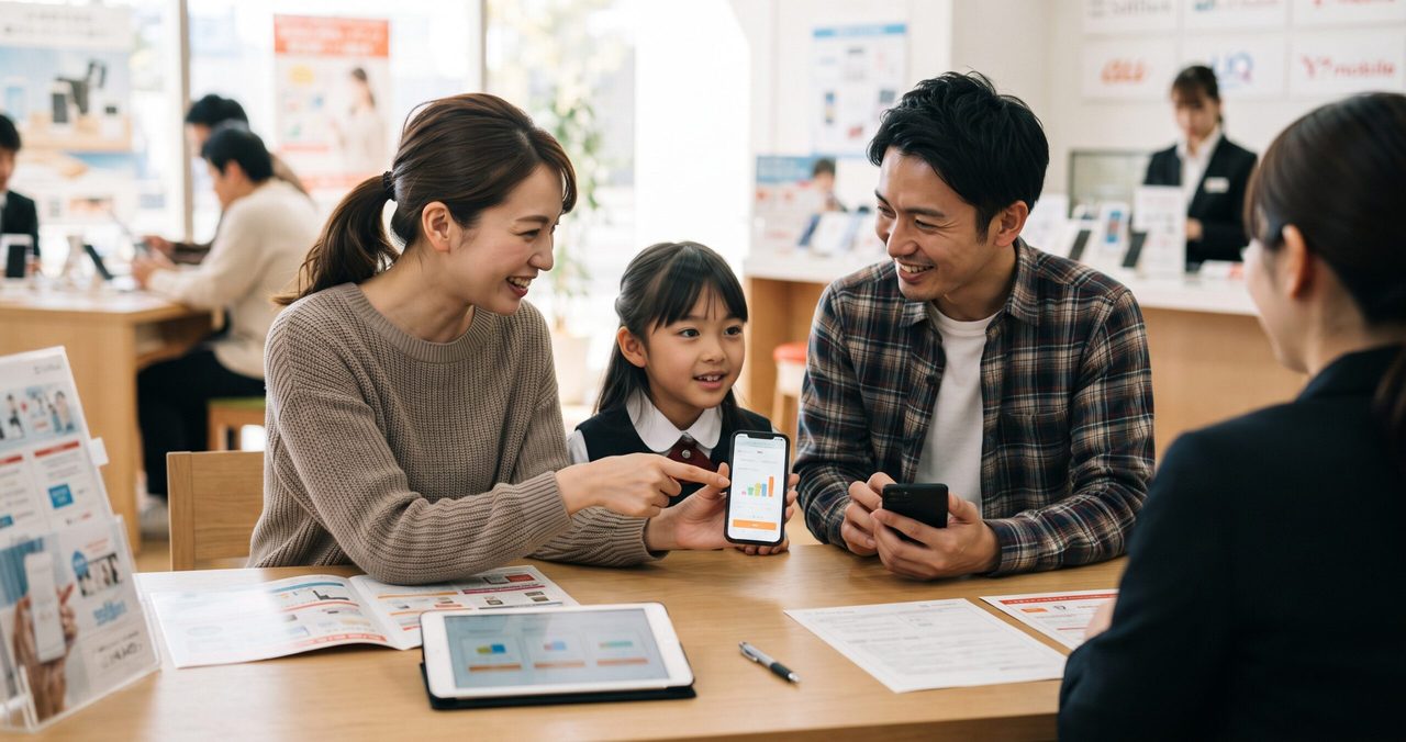 家族でソファに座りながらそれぞれのスマートフォンで料金プランを確認している様子