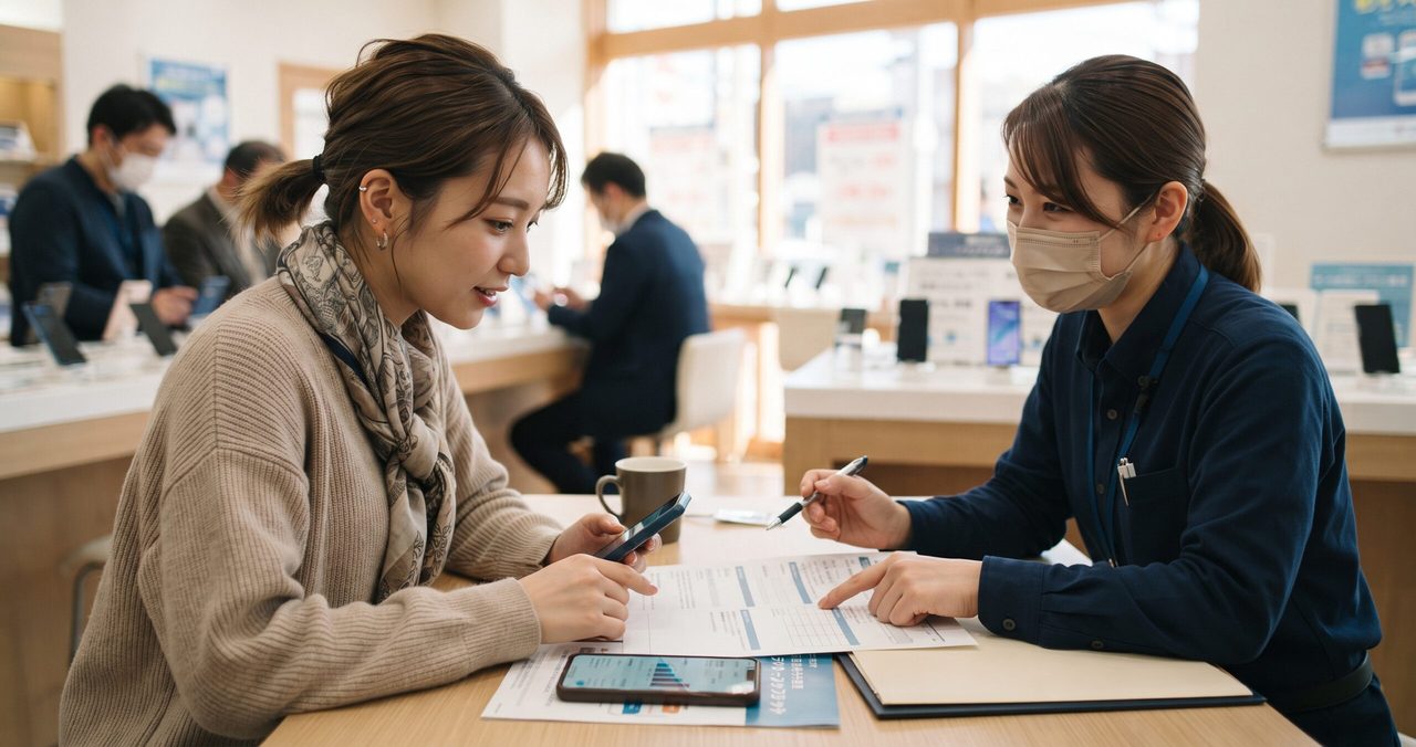 UQモバイルのプラン詳細ページをスマートフォンで確認しながらメモを取っている様子