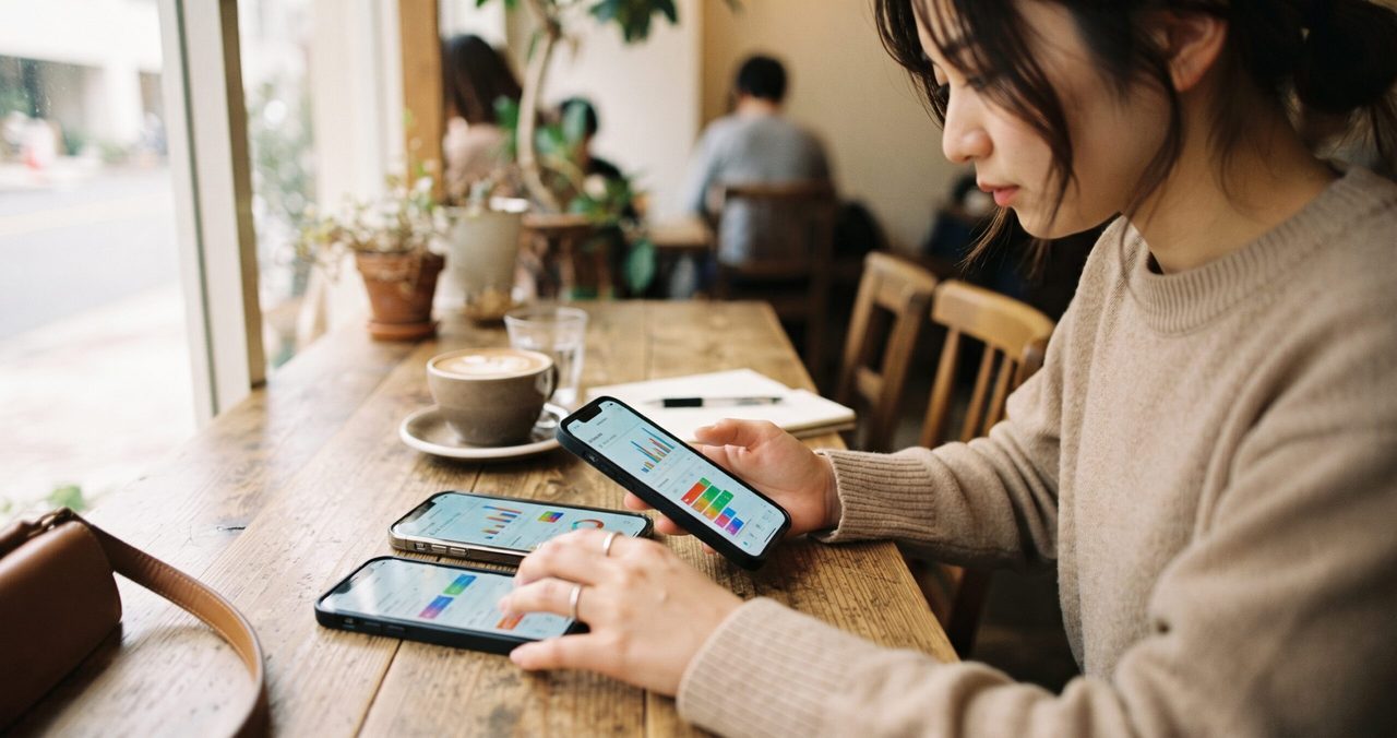 複数のスマホでプランを比較検討している様子