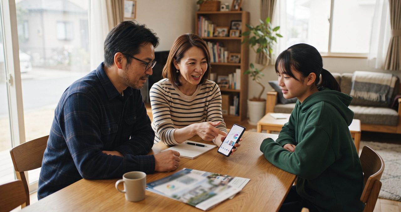 家族でスマホの契約について話し合っている様子