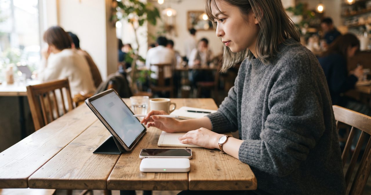 カフェのテーブルでノートパソコンと無地のモバイルルーターを並べて作業している人物