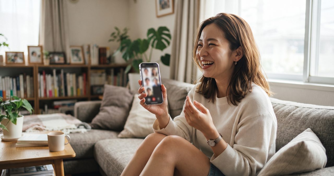 リビングのソファでスマホを片手に、ビデオ通話アプリらしき画面(無地)を見ながら笑顔で話している人物