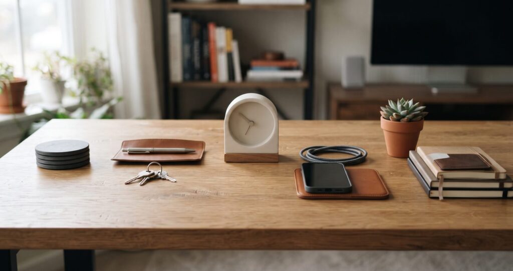 スマートフォンが画面を伏せた状態で置かれた、時計や観葉植物のある木製デスクの写真