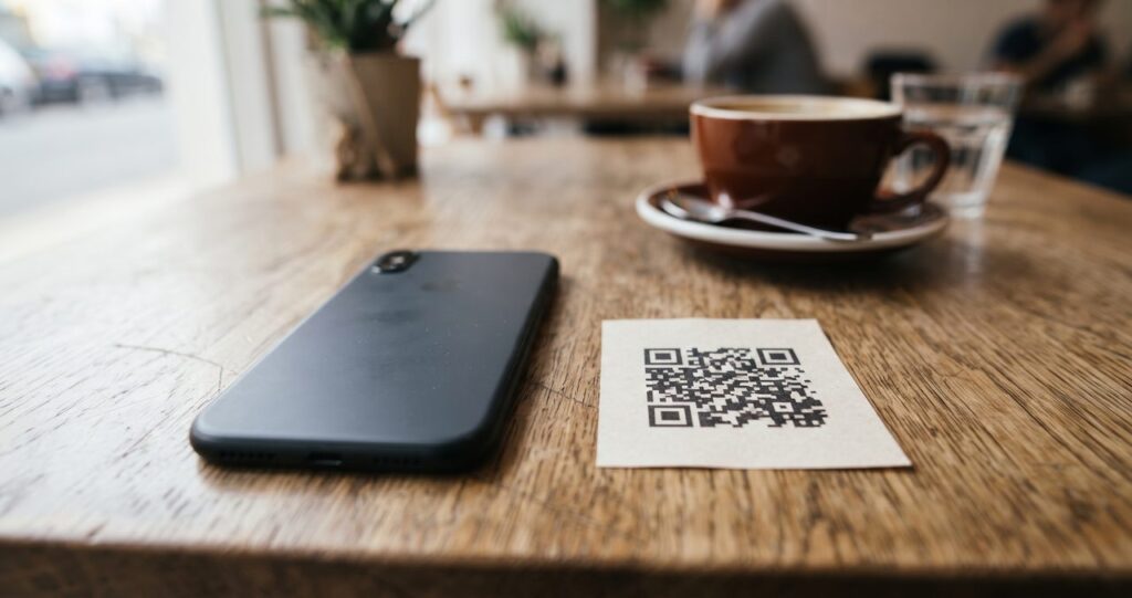スマートフォンとQRコードのイメージが並ぶ写真