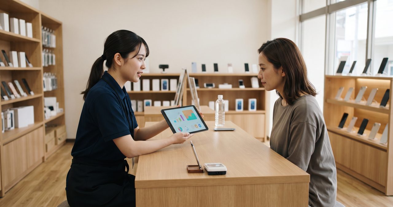 携帯ショップの店内で、スタッフがタブレットを見せながら女性客に料金プランを説明している様子