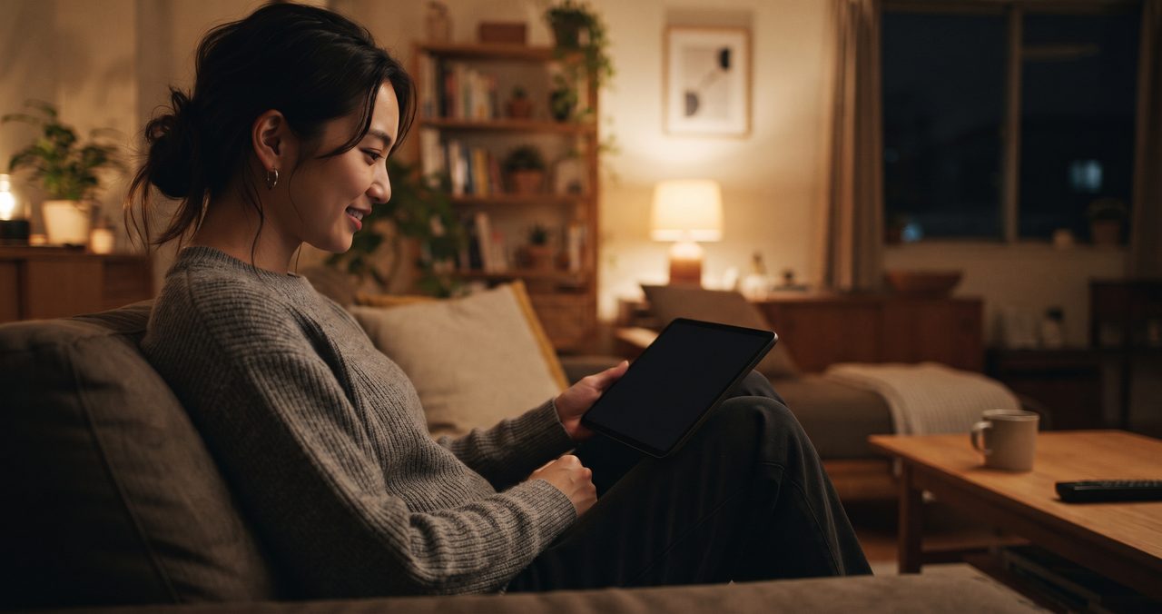 リビングのソファでタブレットを膝に乗せてくつろぎながら画面を眺めている女性の横からのショット、夜の暖かい照明