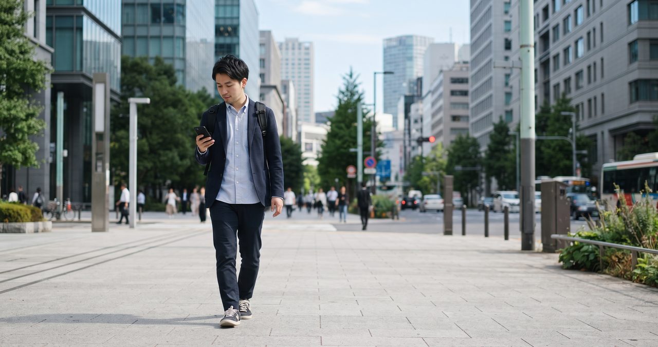 オフィス街の歩道を歩きながらスマートフォンの画面を見ている人物の全身ショット、奥にビル群が見える屋外の情景