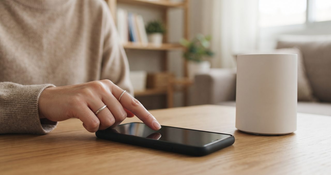 リビングで無地のWi-Fiルーターの隣に置かれた画面オフのスマートフォンに人物が指先で触れている手元のクローズアップ