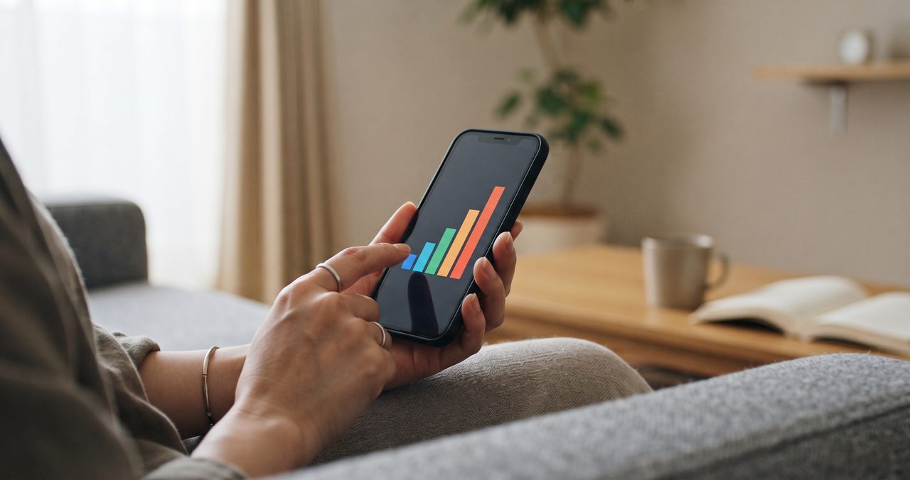 ソファに座りスマートフォン画面に表示された色とりどりの段階的な棒グラフに指先で触れている手元のクローズアップ