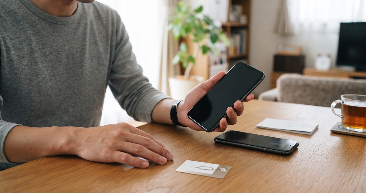 新しいスマートフォンを手に取り機種変更の準備を始めようとしている人物の手元
