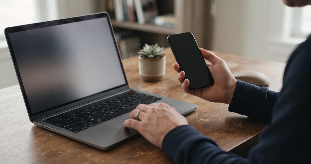 ノートパソコンと無地のスマートフォンを操作しながらeSIM再発行の手続きを進めている人物の手元