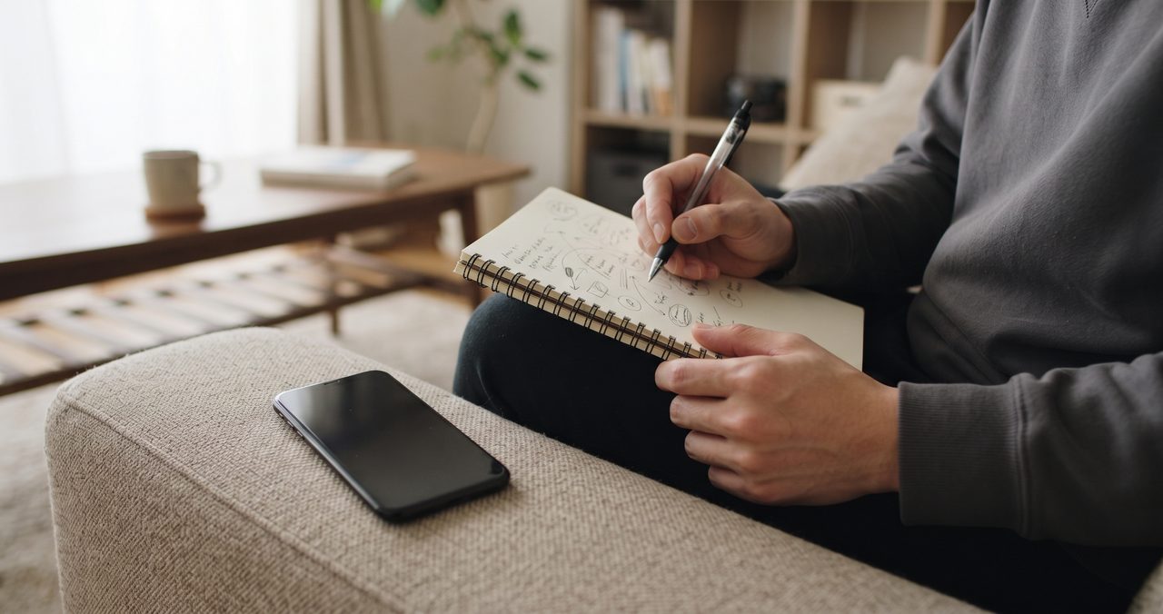 ソファに座り手帳にプラン比較のメモを書き込んでいる人物の手元とスマートフォン