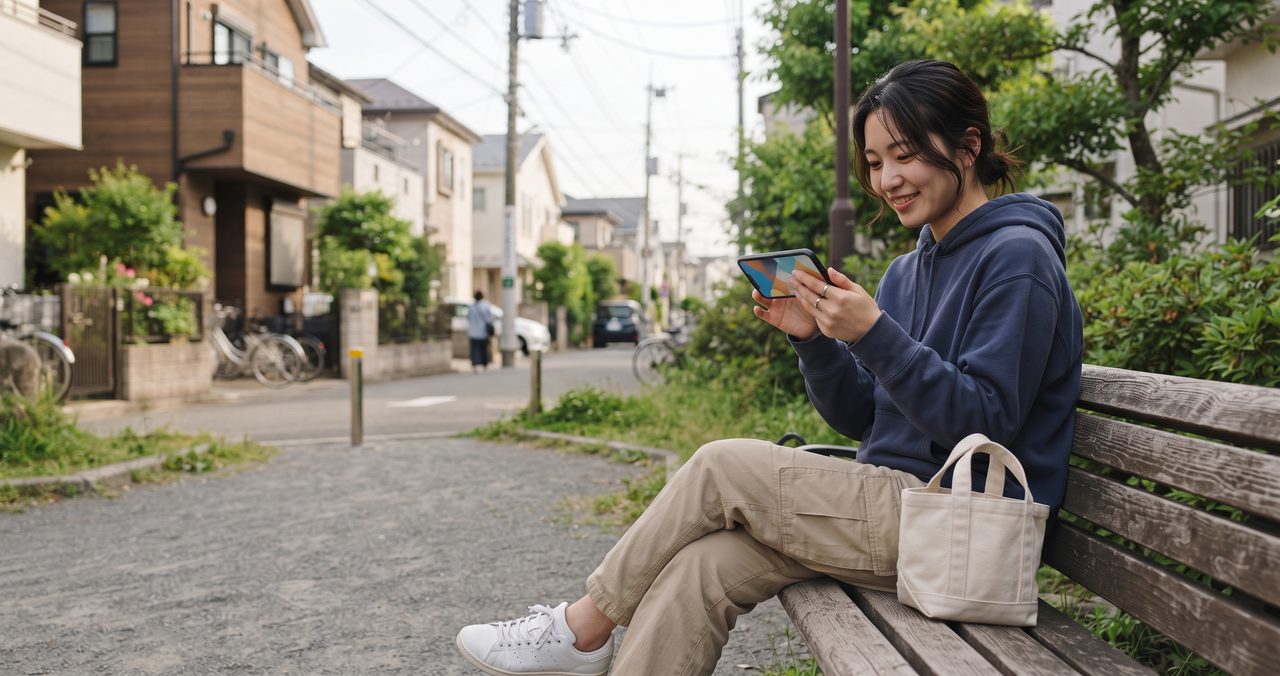 日本の住宅街のベンチでスマートフォンの動画を楽しそうに視聴している女性