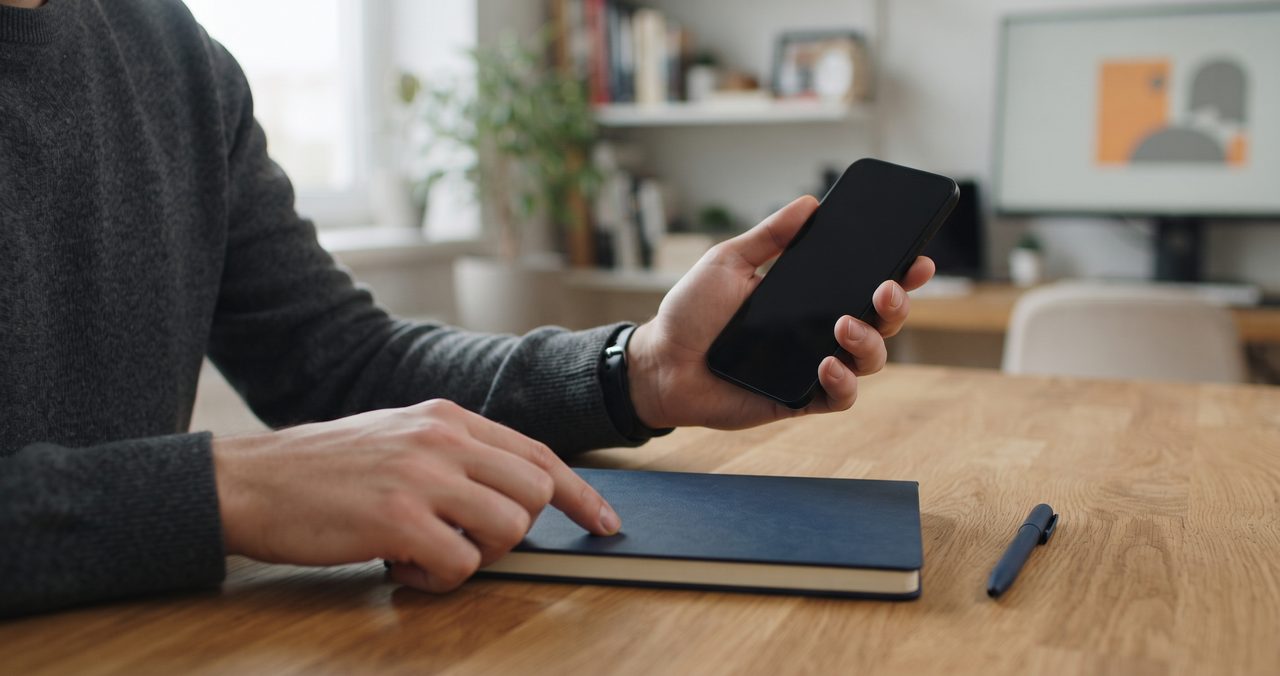 無地のスマートフォンを手に持ちながらシンプルな手帳に指を添えて申し込みのタイミングを確認している人物の手元