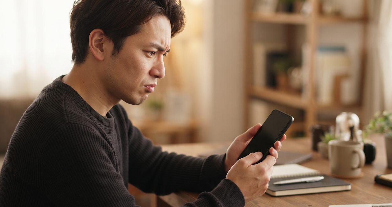 スマートフォンの画面を眉をひそめて見つめる男性、デメリットを確認している様子
