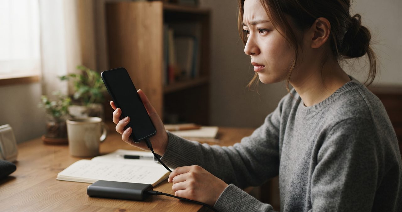 モバイルバッテリーに繋いだスマートフォンを気になる表情で見つめる女性、バッテリー劣化の確認