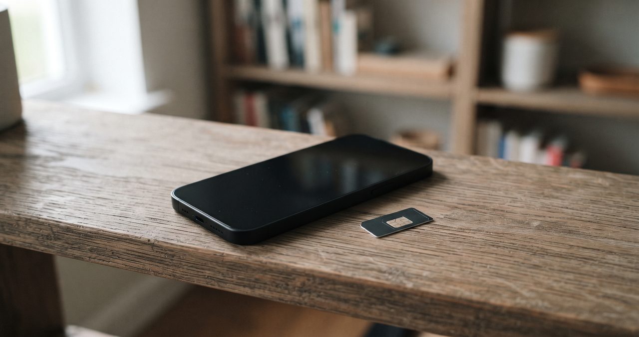 木製の棚の上に置かれた無地のスマートフォンとSIMカードの物撮り、旧端末を保管しておく様子