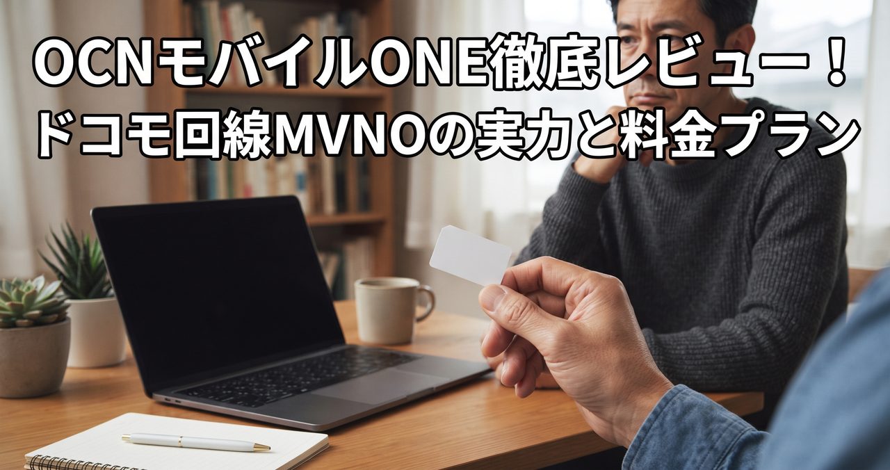 OCNモバイルONE徹底レビューのアイキャッチ、書斎でノートパソコンの横でSIMカードをつまむ人物