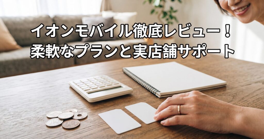 イオンモバイル徹底レビューのアイキャッチ、電卓とSIMカード2枚、コインを並べた家計シミュレーションの様子