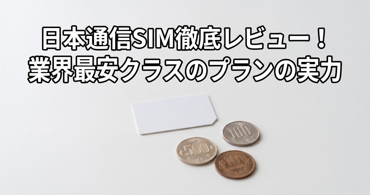 日本通信SIM徹底レビューのアイキャッチ、無地の背景にSIMカードと小銭を配置したミニマルな構図