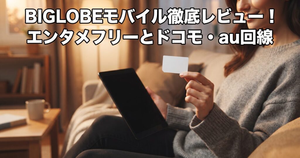 BIGLOBEモバイル徹底レビューのアイキャッチ、ソファでタブレットとSIMカードを手にする人物