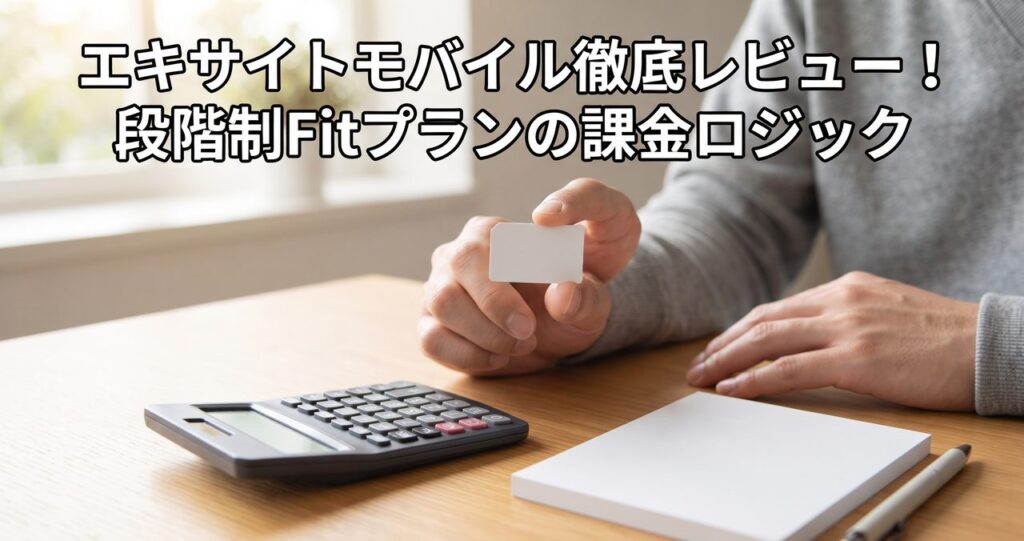 エキサイトモバイル徹底レビューのアイキャッチ、自宅の机で電卓・無地のSIMカード・真っ白なメモ帳を手にする男性