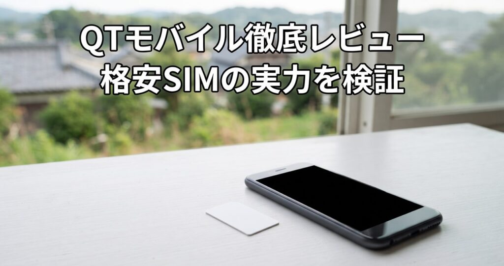 窓辺の白いテーブルに置かれた無地のSIMカードとスマートフォン、QTモバイルのイメージ