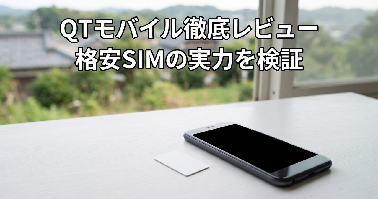窓辺の白いテーブルに置かれた無地のSIMカードとスマートフォン、QTモバイルのイメージ