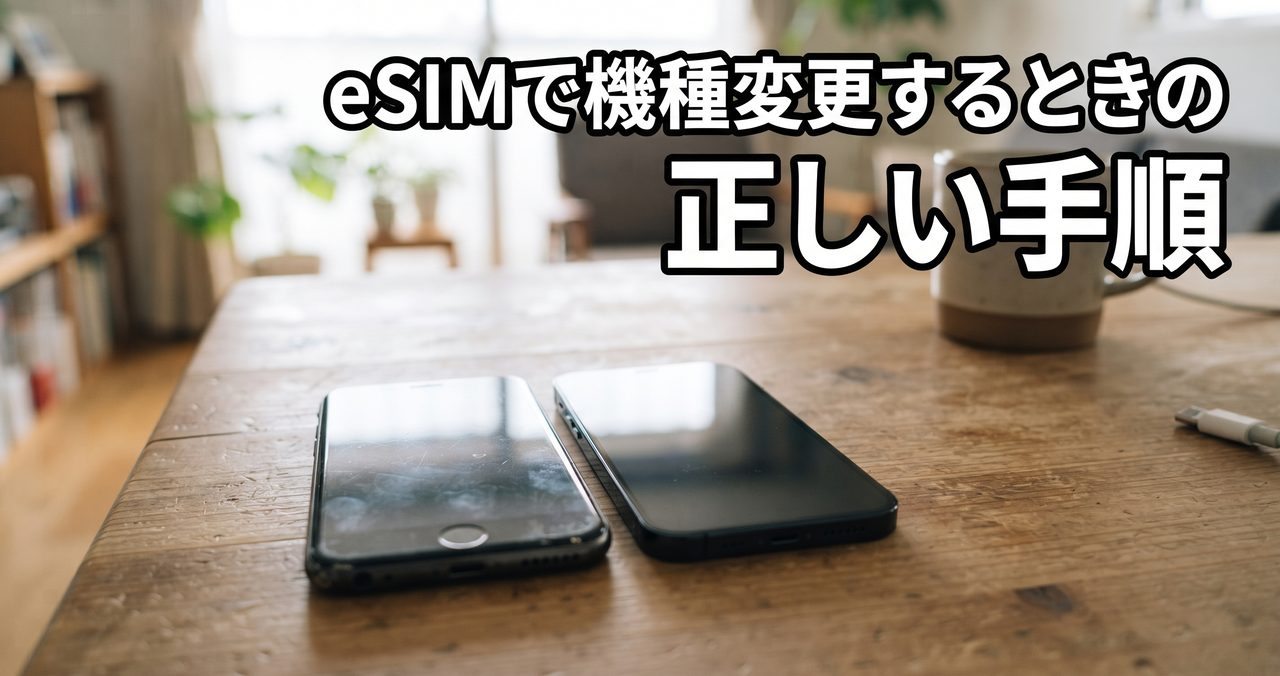 室内のテーブルに新旧2台のスマートフォンを並べて機種変更の準備をしている様子