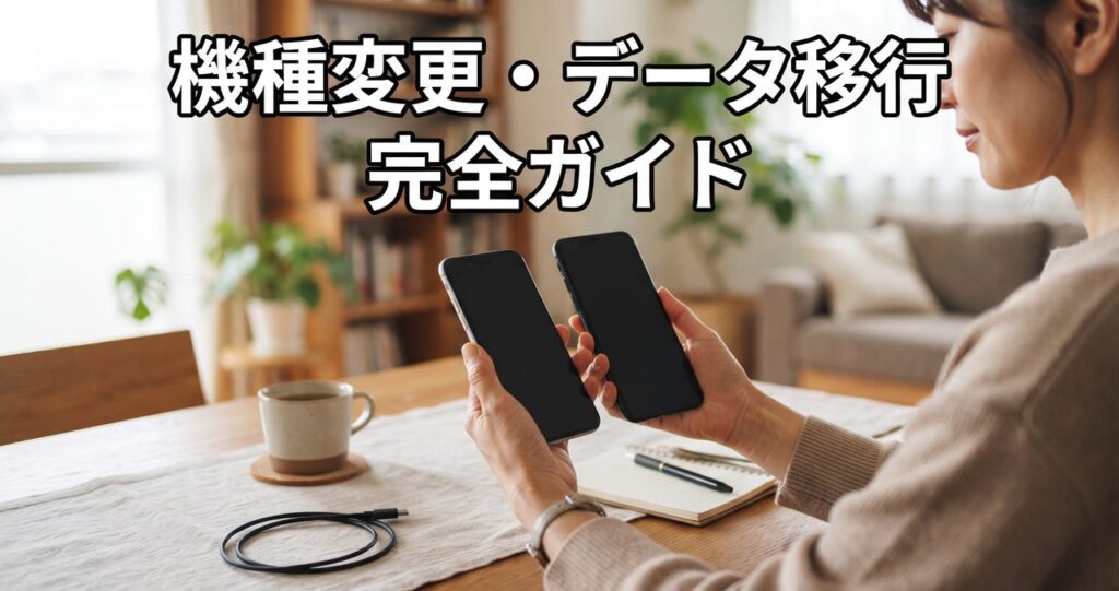 機種変更・データ移行完全ガイドのアイキャッチ、明るいリビングで旧端末と新端末を両手に持つ女性